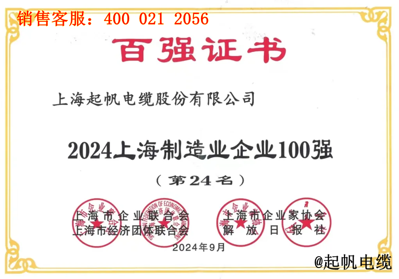 5.起帆電纜入圍2024年上海制造業(yè)企業(yè)100強第24名 5.起帆電纜入圍2024年上海制造業(yè)企業(yè)100強第24名
